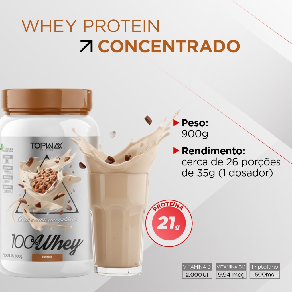 Suplemento whey protein 100% concentrado sabor cookies pote 900g topway com vitamina D e B12