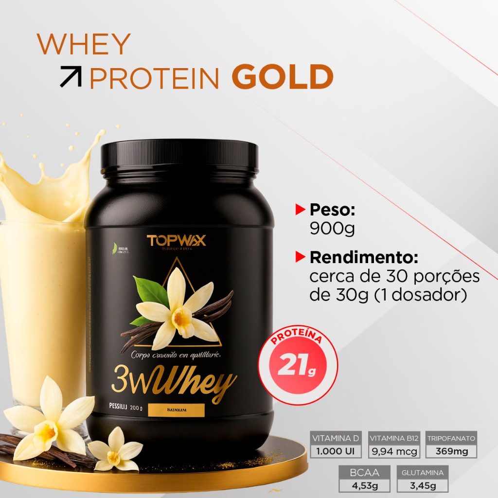 Whey protein gold 3w topway 900g sabor baunilha concentrado isolado e hidrolisado menos carbo