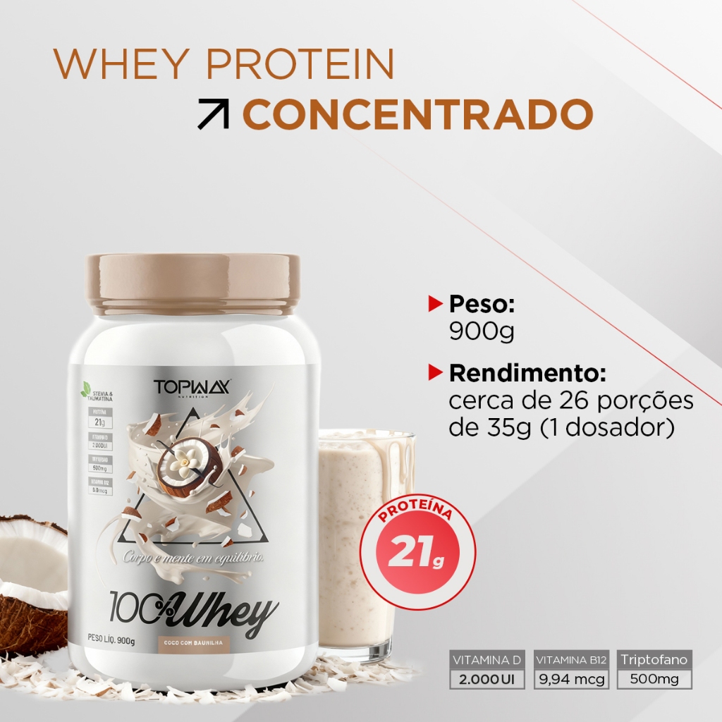 Suplemento whey protein 100% concentrado sabor coco com baunilha pote 900g topway com vitamina D e B12