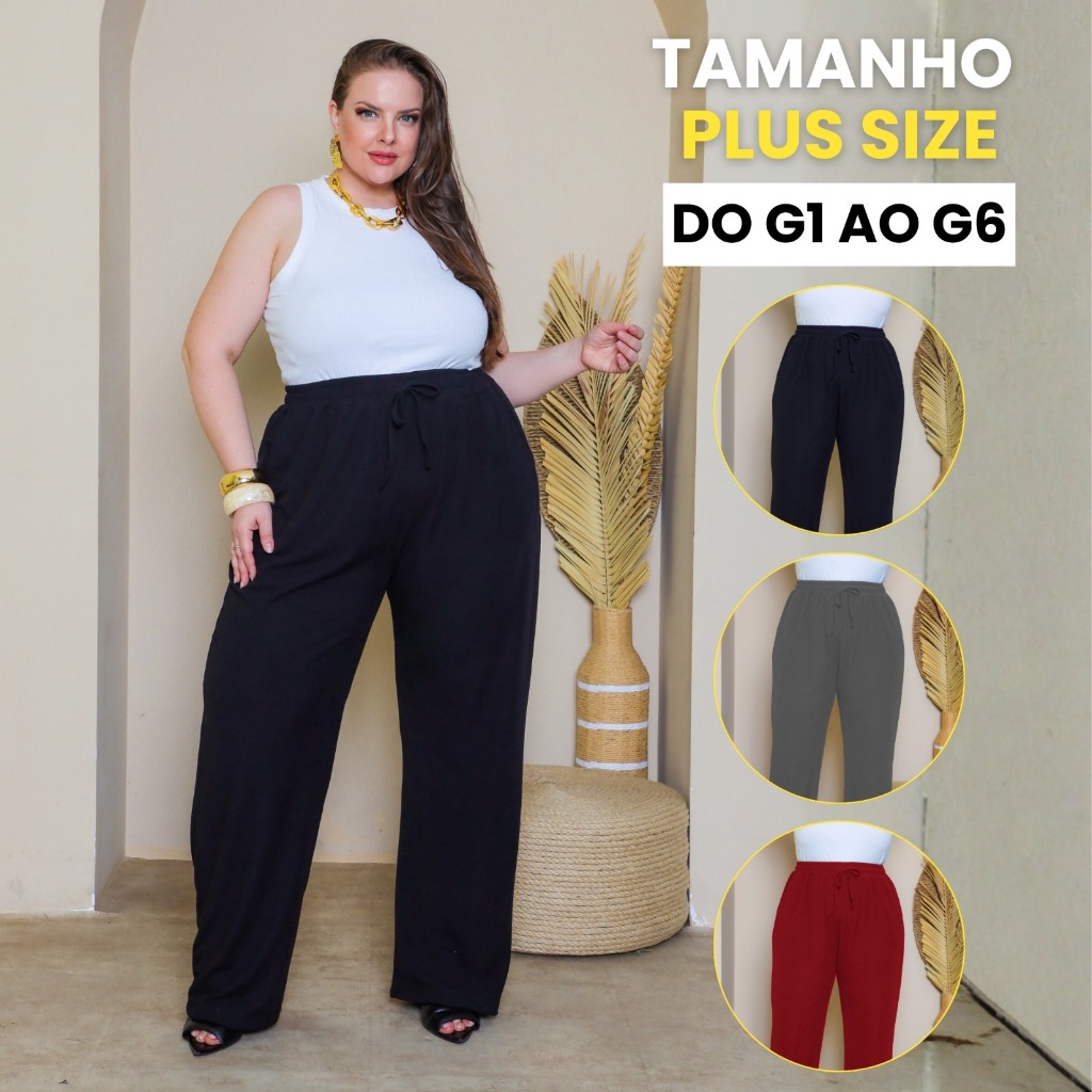 Calça Pantalona Plus Size Feminina G1 ao G6 Tecido Canelado Premium Cintura Alta Com Bolsos em Oferta na Shopee