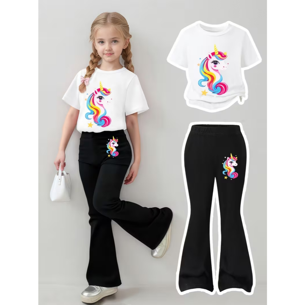 Conjunto Infantil Calça Flare Moletom+Camiseta Look Estiloso Unicórnio