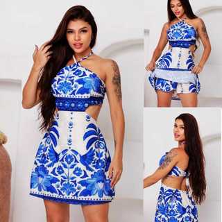 Vestido Feminino  com Short e Bojo Elegante Gola Alta e Amarração Macacão Estampado Verão