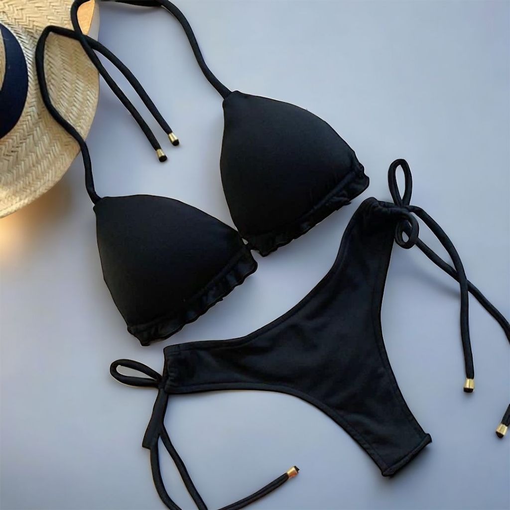 Biquíni Preto fio duplo, busto cortininha com calcinha fio duplo Promoção