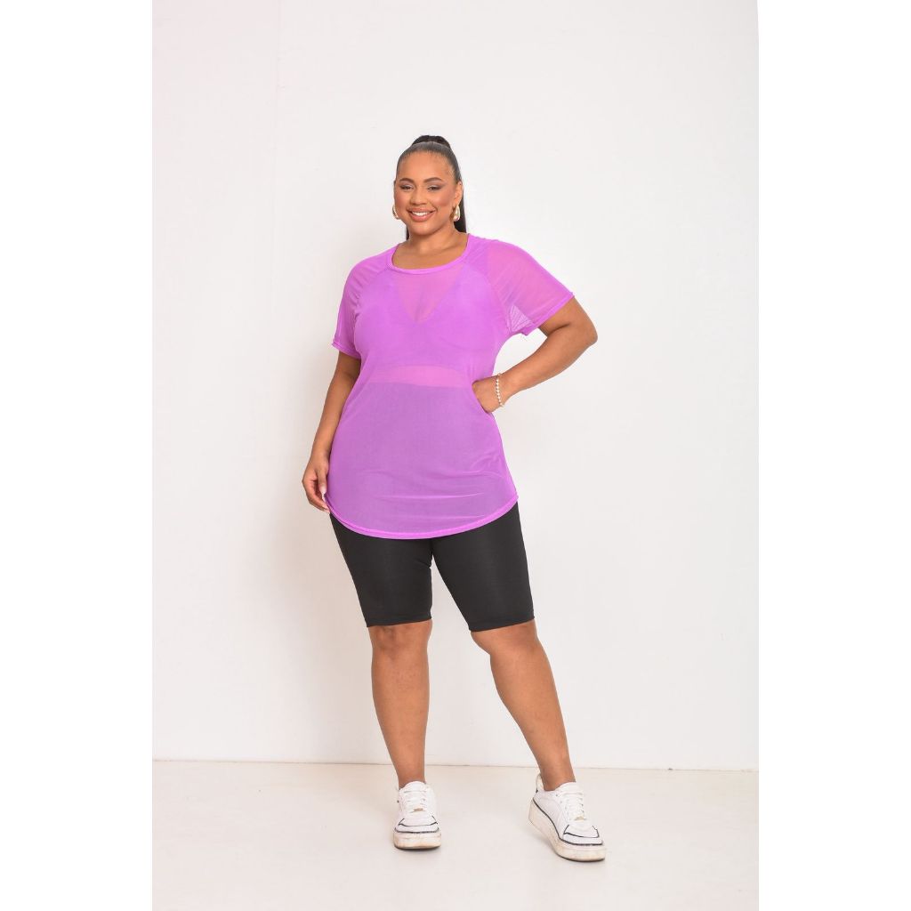 Long Line Tule Feminina Blusa Alongada Transparente Confortável Academia Fitnes