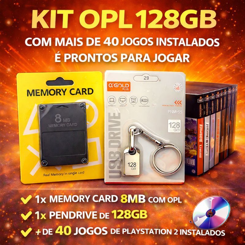Kit opl de PS2 com pendrive de (128gb) 43 jogos de playstation 2 PS2