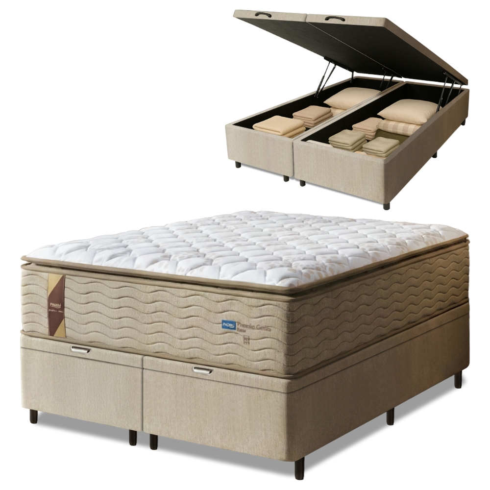 Cama Box Baú Casal King Colchão Molas Guarda Costas Max Com Pillow 193x203x81cm Suede Bege/Branco