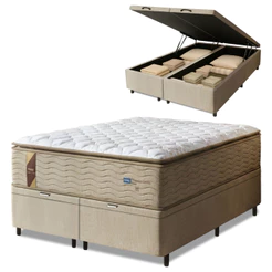 Cama Box Baú Casal King Colchão Molas Guarda Costas Max Com Pillow 193x203x81cm Suede Bege/Branco
