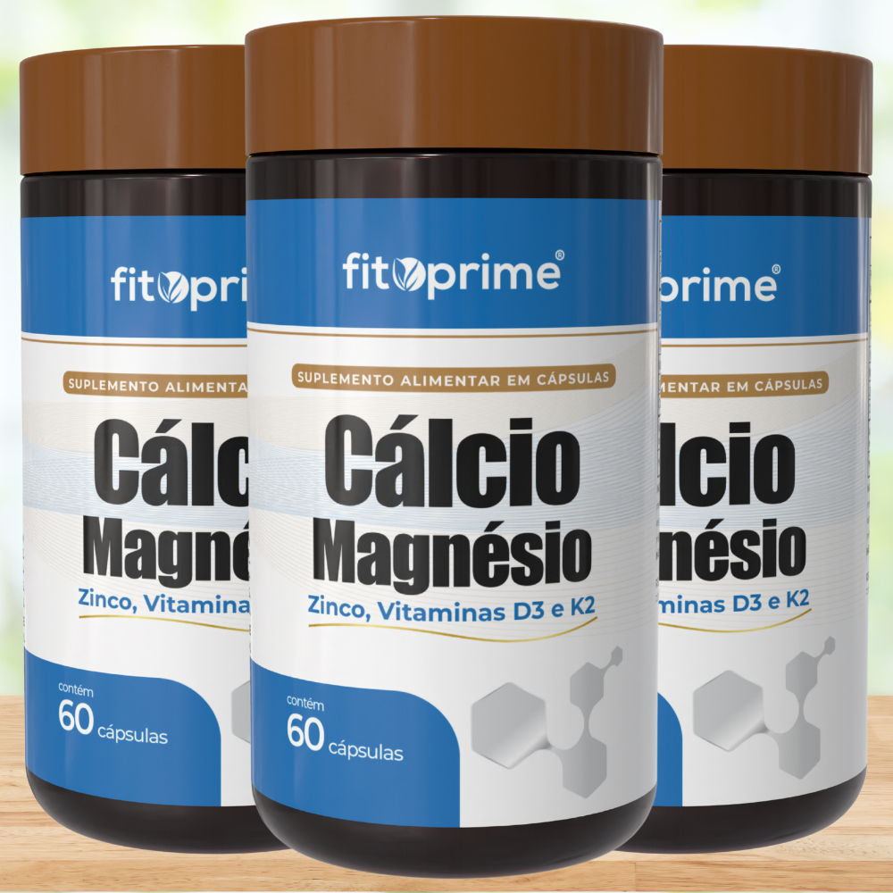 3 Potes Cálcio Magnésio Zinco Vitaminas D3 K2 Com 60cps