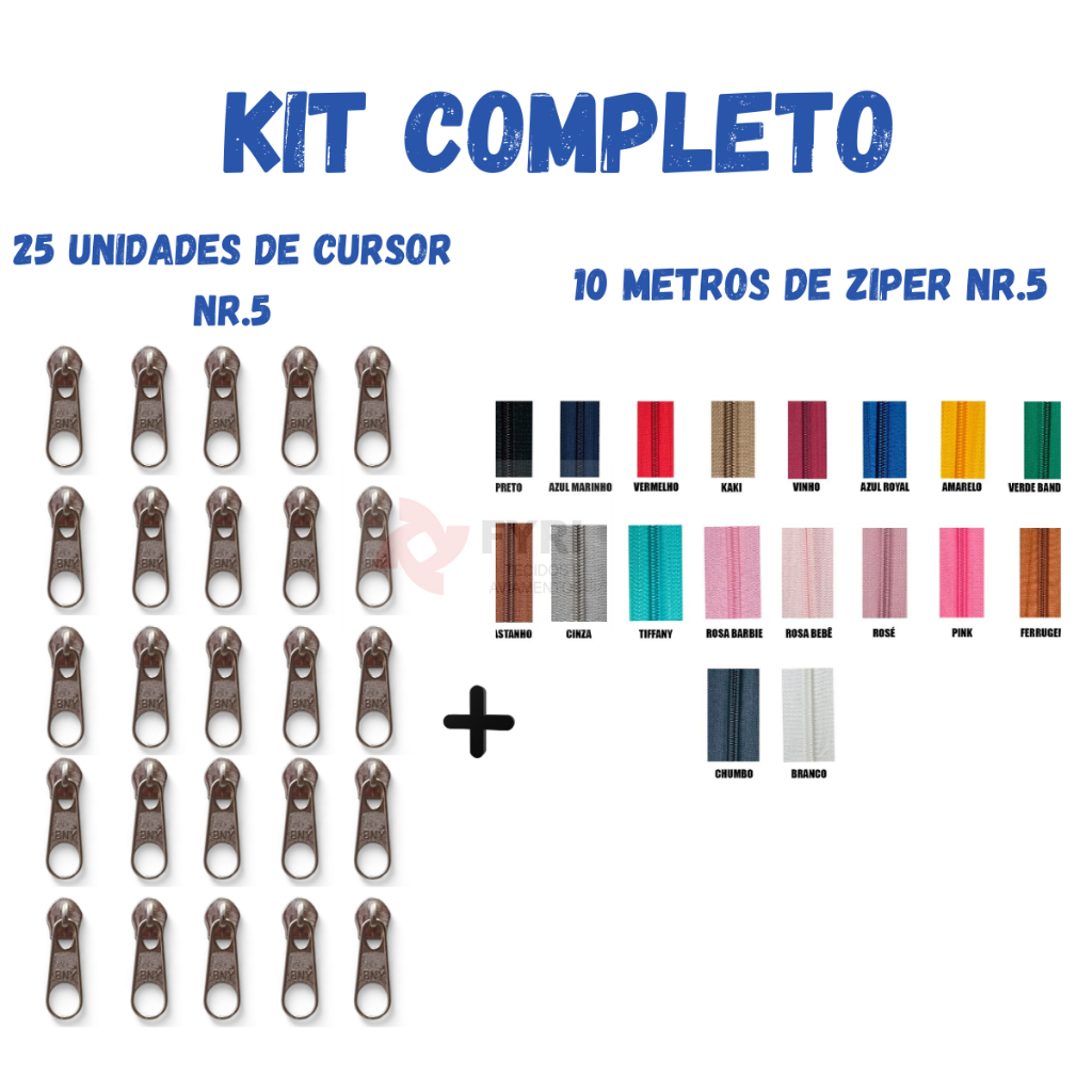 Kit 10 M Zíper Metro Número 5 + 25  Cursor de Zíper Nylon n° 5 Costura Artesanato Várias Cores