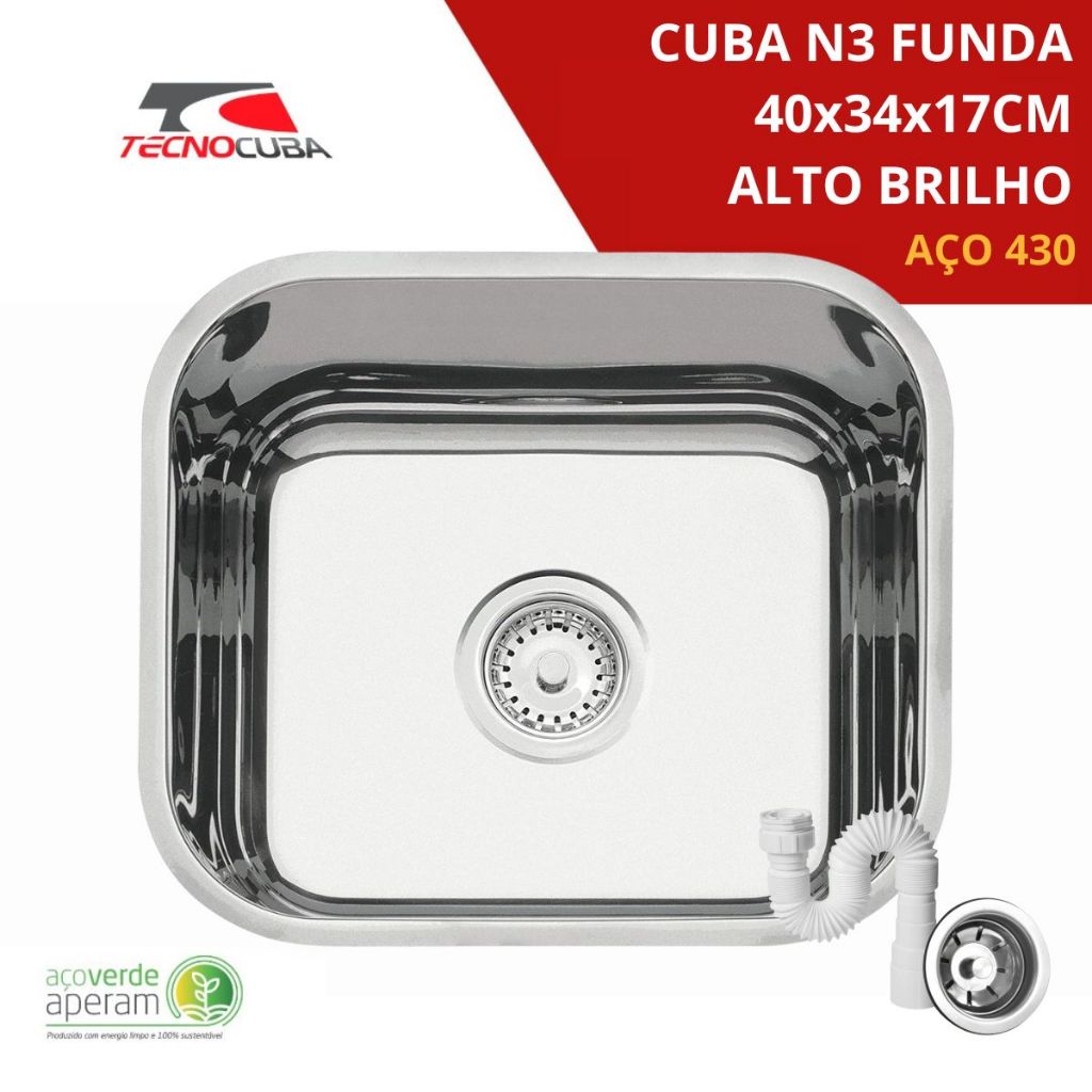 Cuba Inox N3 40x34x17 Aço 430 Alto Brilho Valvula E Sifão Tecnocuba em Oferta na Shopee