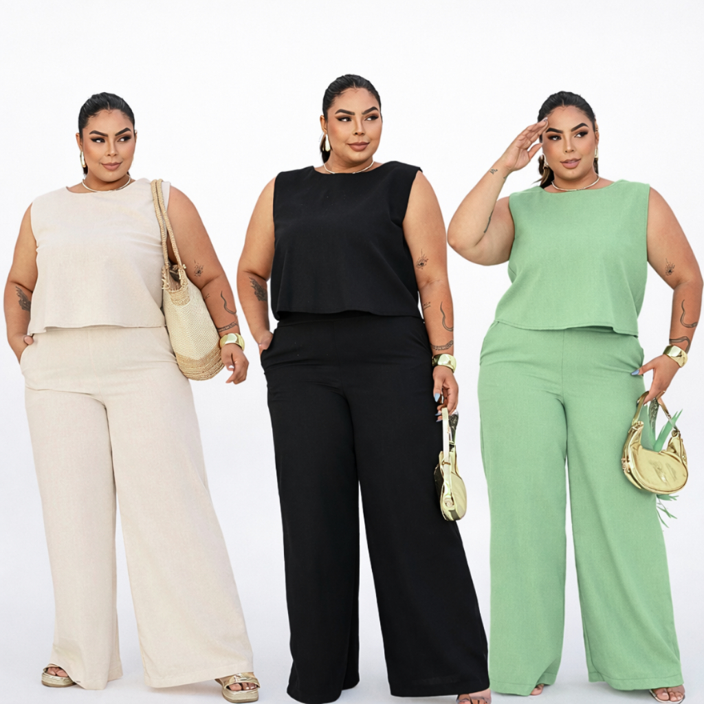 Conjunto Feminino em Linho Plus Size e Slim Alfaiataria Social Calça Pantalona Wide Leg e Blusa Elegante Moda Mulher