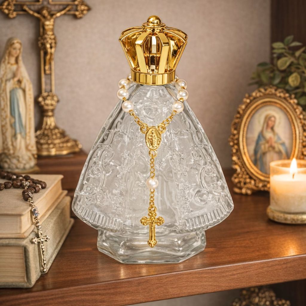 Kit 15 Frascos de Vidro Santinha Nossa Senhora 60ml + 15 Mini Terço