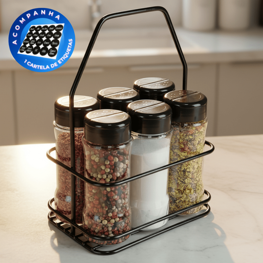 Kit Porta Tempero Ferro Alça com 6 Potes Plástico 130ml Temperos Especiarias Cozinha