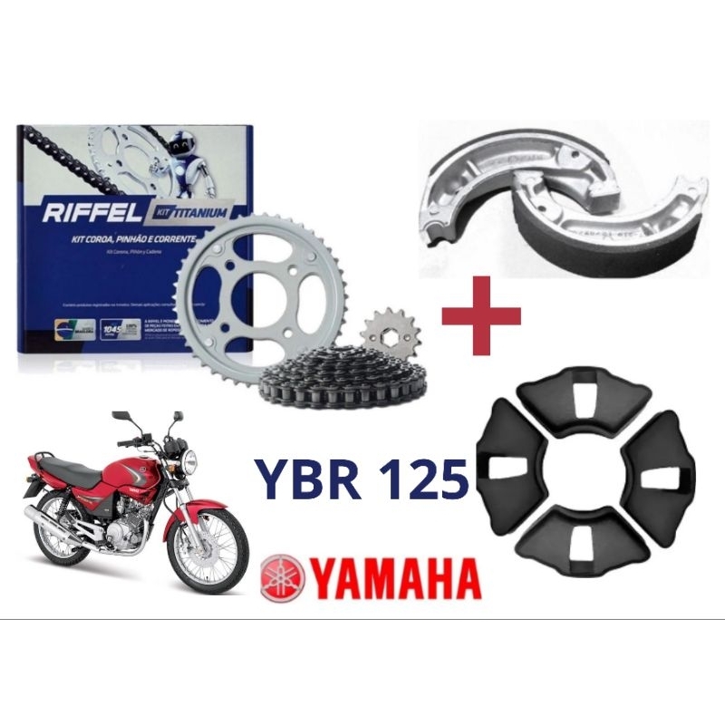 Kit Relação Transmissão Tração RIFFEL + Patins (Lona) De Freio + Coxim (Bucha) Da Coroa YBR/FACTOR 125 (2000 à 2016)