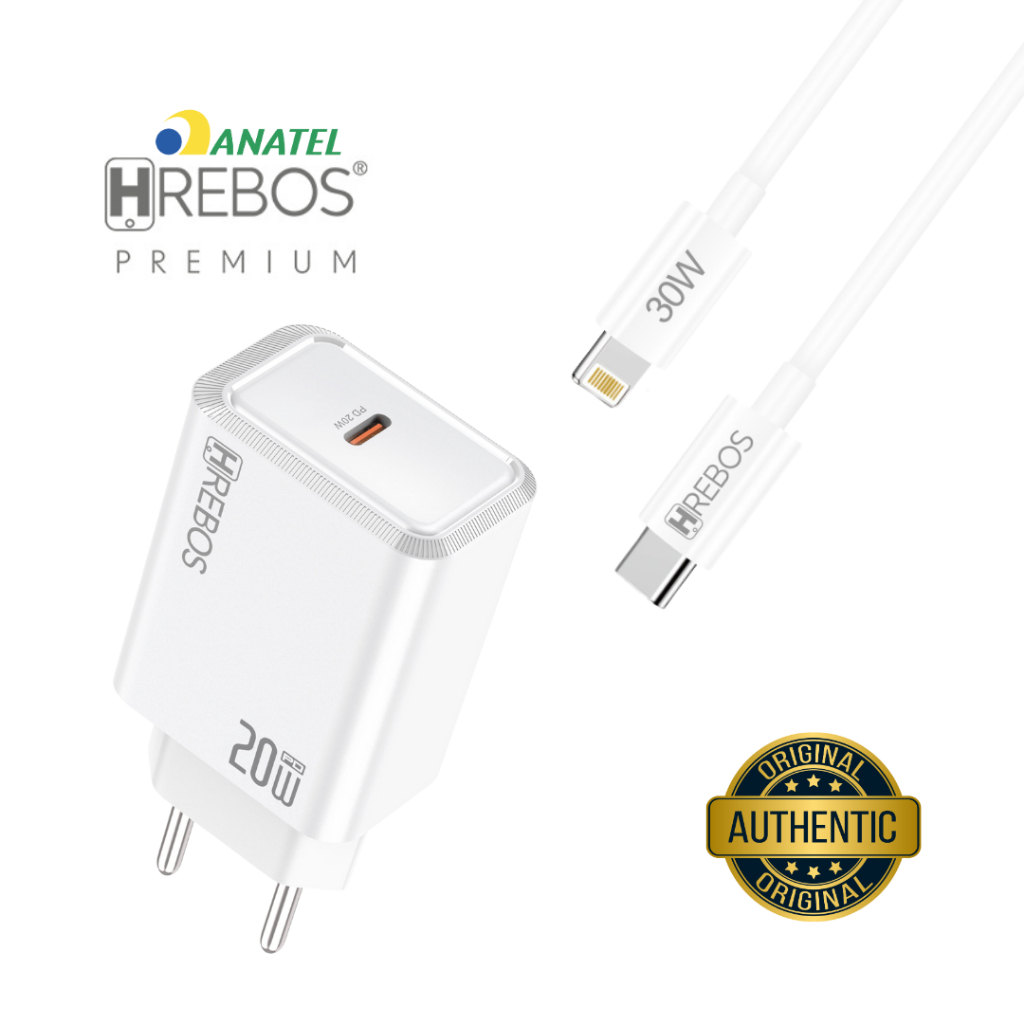 Carregador Turbo Para iPhone 8 ao 14 Hrebos Axion Charge 20W USB-C PD + Cabo Lightning 1 Metro CRG-262CI