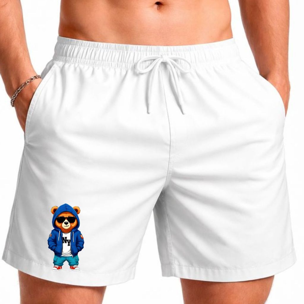 Short Praia ESTAMPADO URSO AZUL Treino Básico liso em Tactel Com Bolso Academia Piscina Caminhada