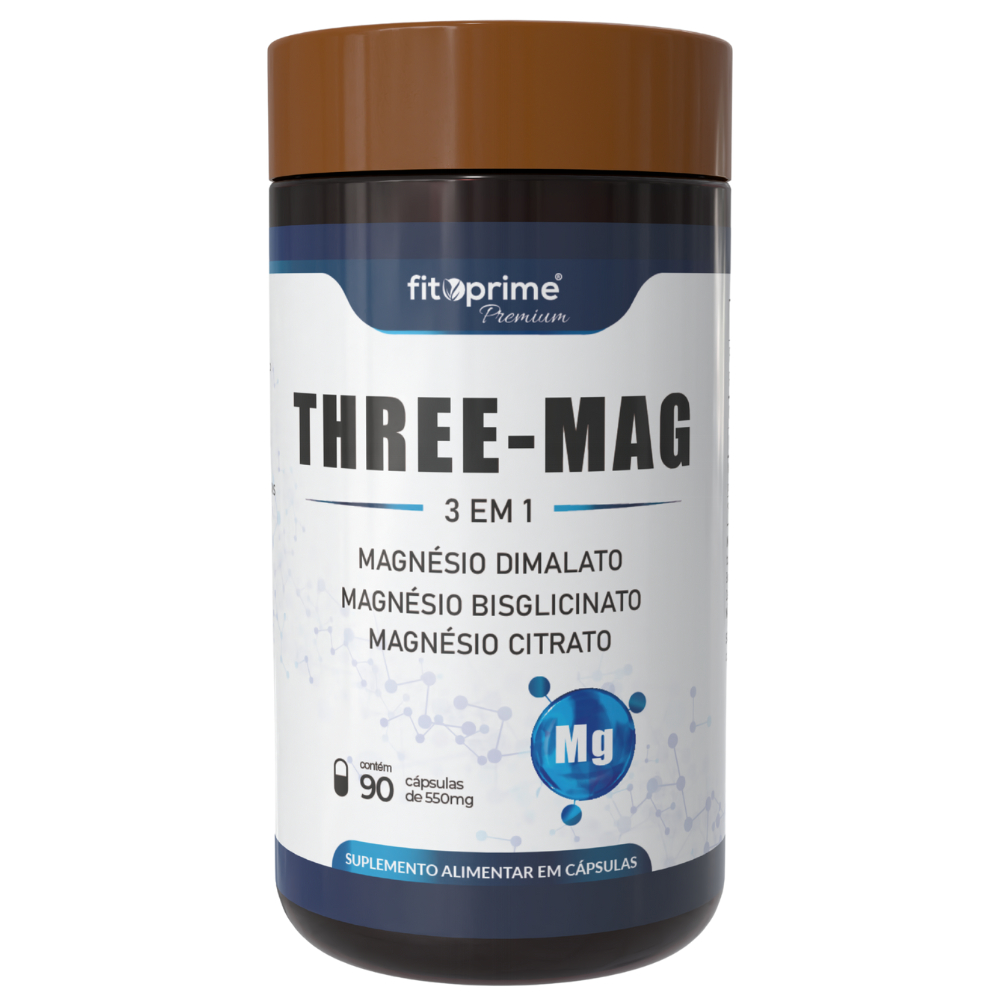 Tri Magnésio Concentrado Three-Mag Dimalato, Bisglicinato, Citrato 3 em 1 com 90 Cápsulas