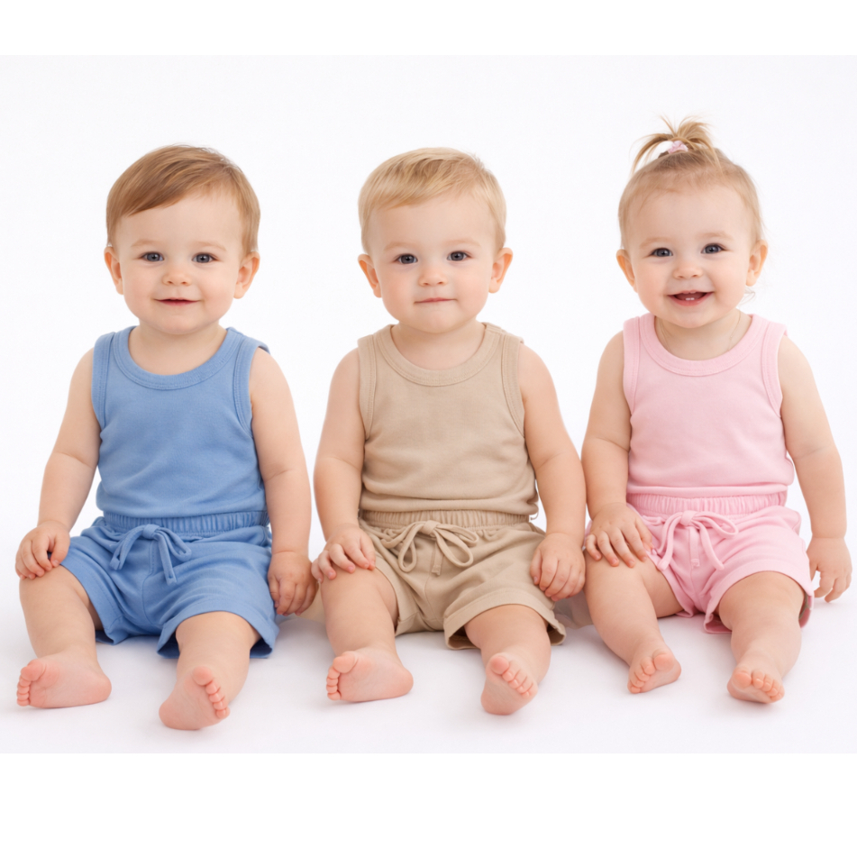 KIT 3 CONJUNTO INFANTIL 6 PEÇAS CAMISETA REGATA E SHORT BEBÊ MENINO MENINA BÁSICO LISO VERÃO