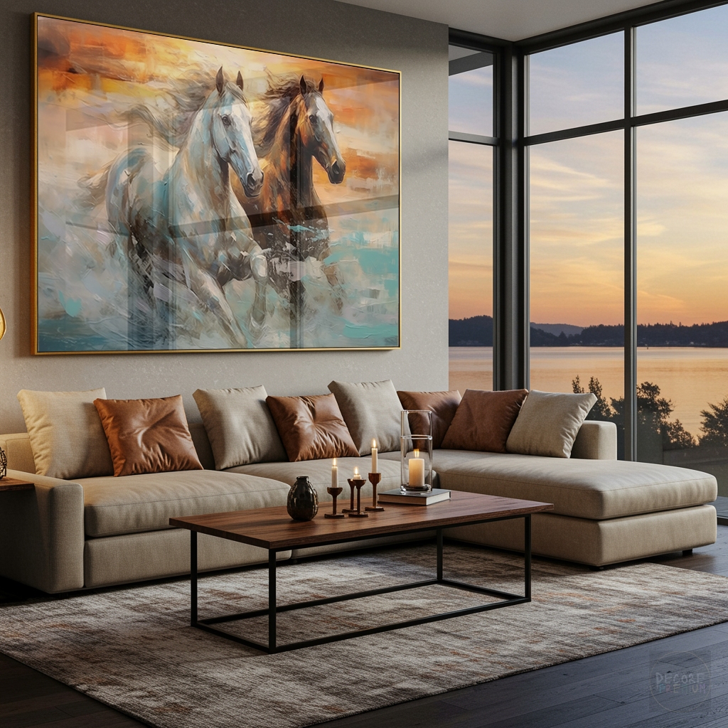Quadro Cavalos Cavalgando Dupla Branco E Marrom Fundo Abstrato Parceria Haras Fazenda Moldura E Vidro