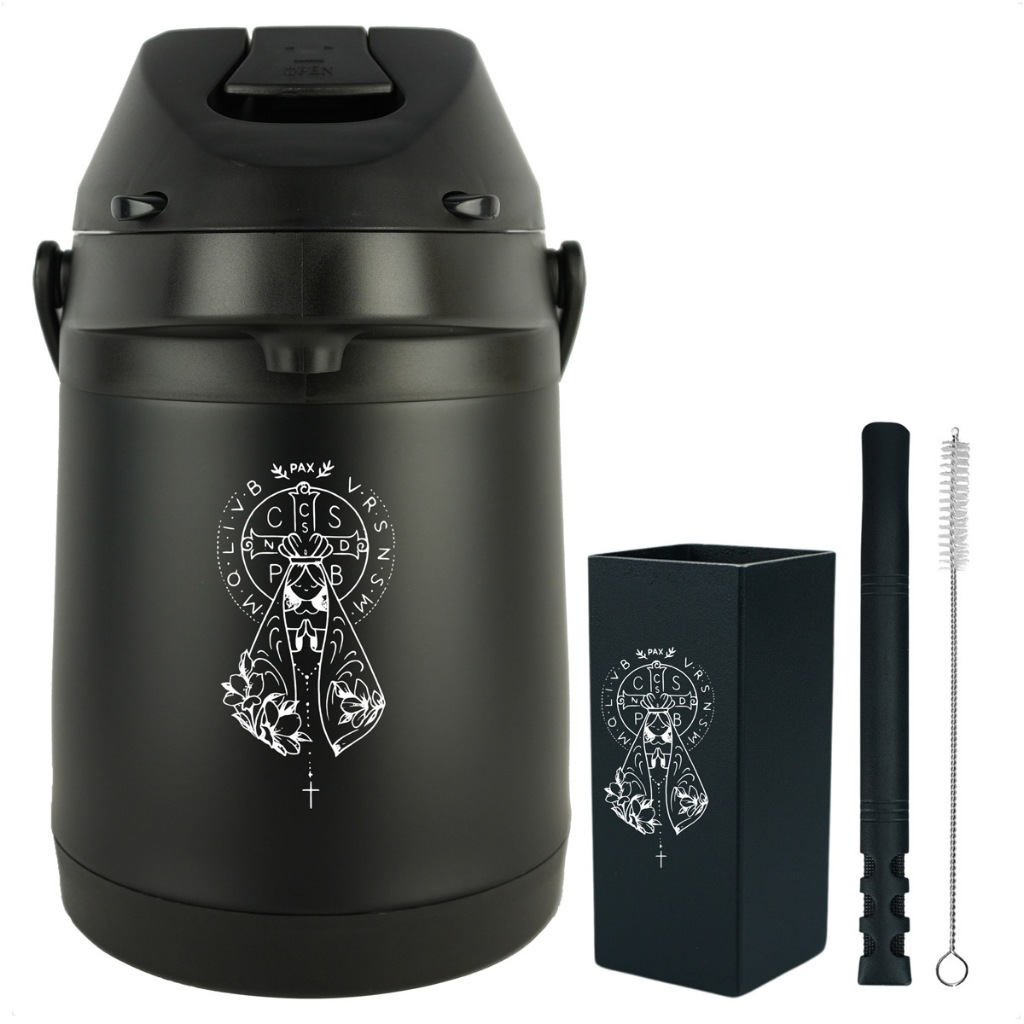 Kit Tereré Copo Bomba Garrafa Térmica Preto 2.5l Personalização