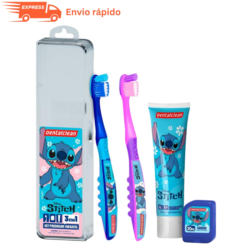 Kit Premium Stitch Gel Dental Escolar Escova Fio Estojo Azul e Rosa