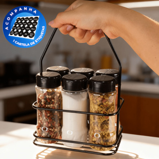Porta Tempero Ferro com Alça e Potes Plástico 130ml Tampa Dosadora Dupla em Oferta na Shopee