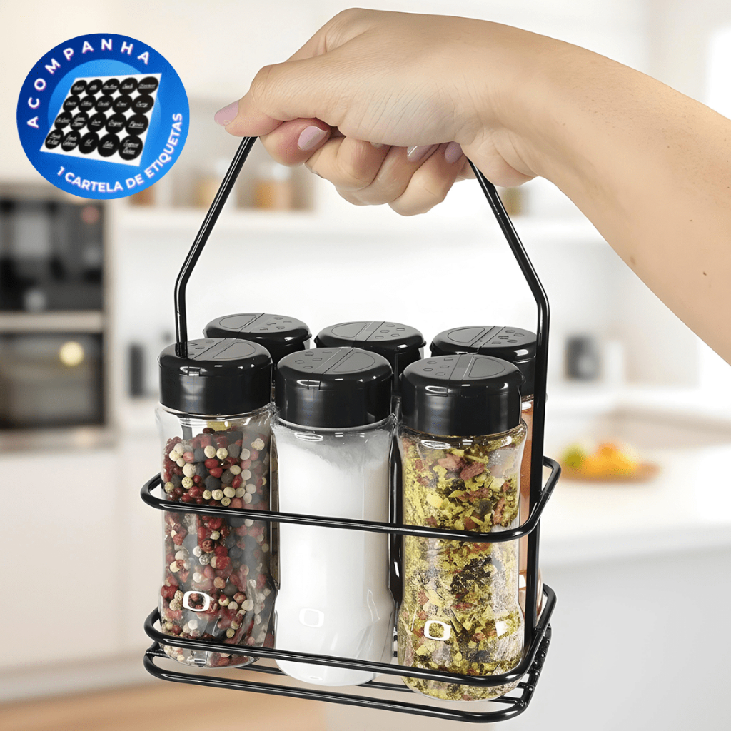 Porta Tempero com Alça + 6 Potes para Tempero e Especiarias 130ml Tampa Dosadora Dupla