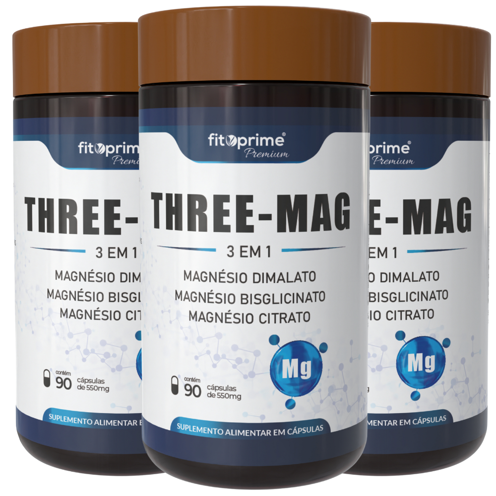 Kit 3x Tri Magnésio Concentrado Three-Mag Dimalato, Bisglicinato, Citrato 3 em 1 com 90 Cápsulas