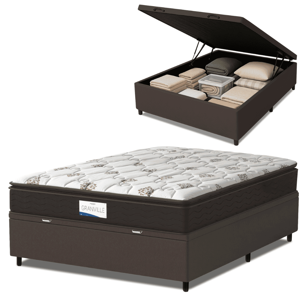 Cama Box Baú Colchão Casal Probel Molas Ensacadas Granville Pillow Top 138x188x69cm Marrom / Branco em Oferta na Shopee