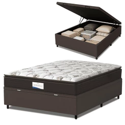 Cama Box Baú Colchão Casal Probel Molas Ensacadas Granville Pillow Top 138x188x69cm Marrom / Branco