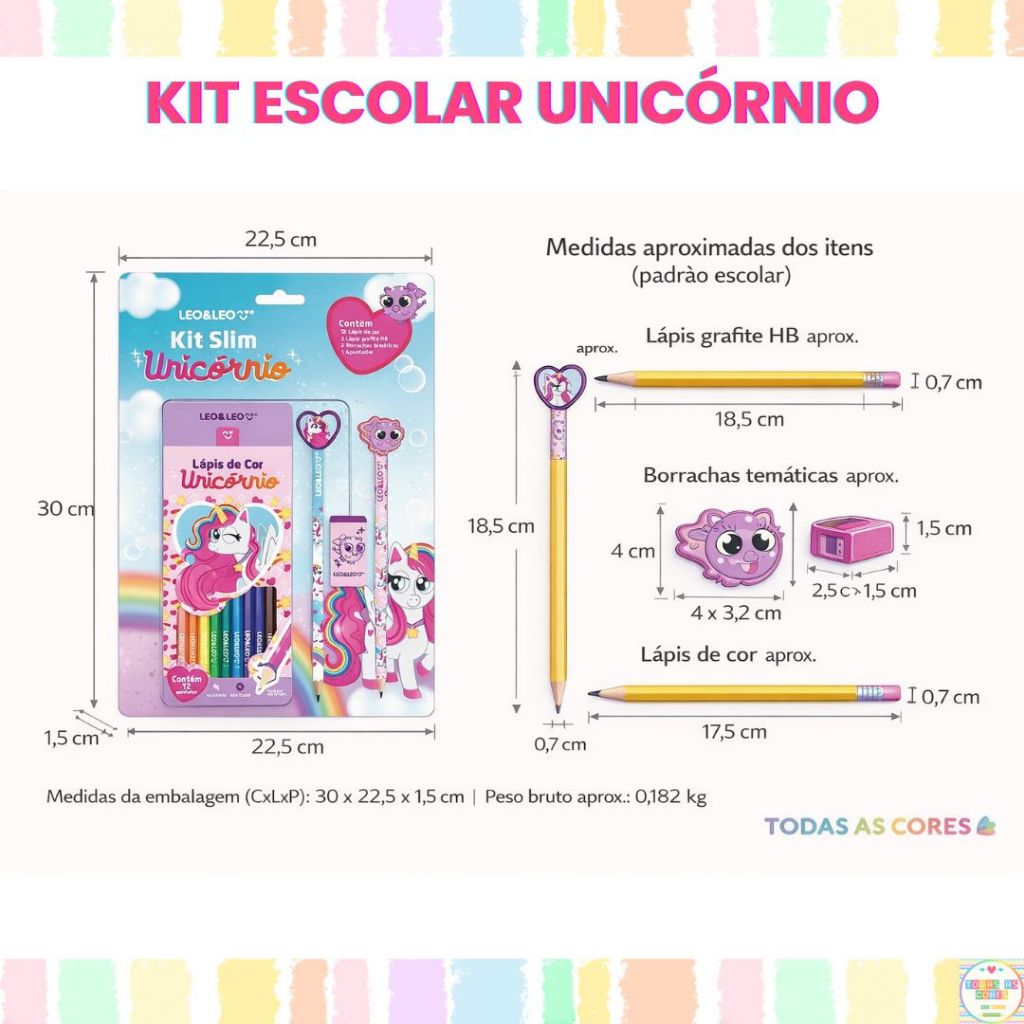 KIT Escolar UNICÓRNIO Lápis de Cor Lápis de Escrever com Borracha Apontador Leo&Leo Papelaria Fofa