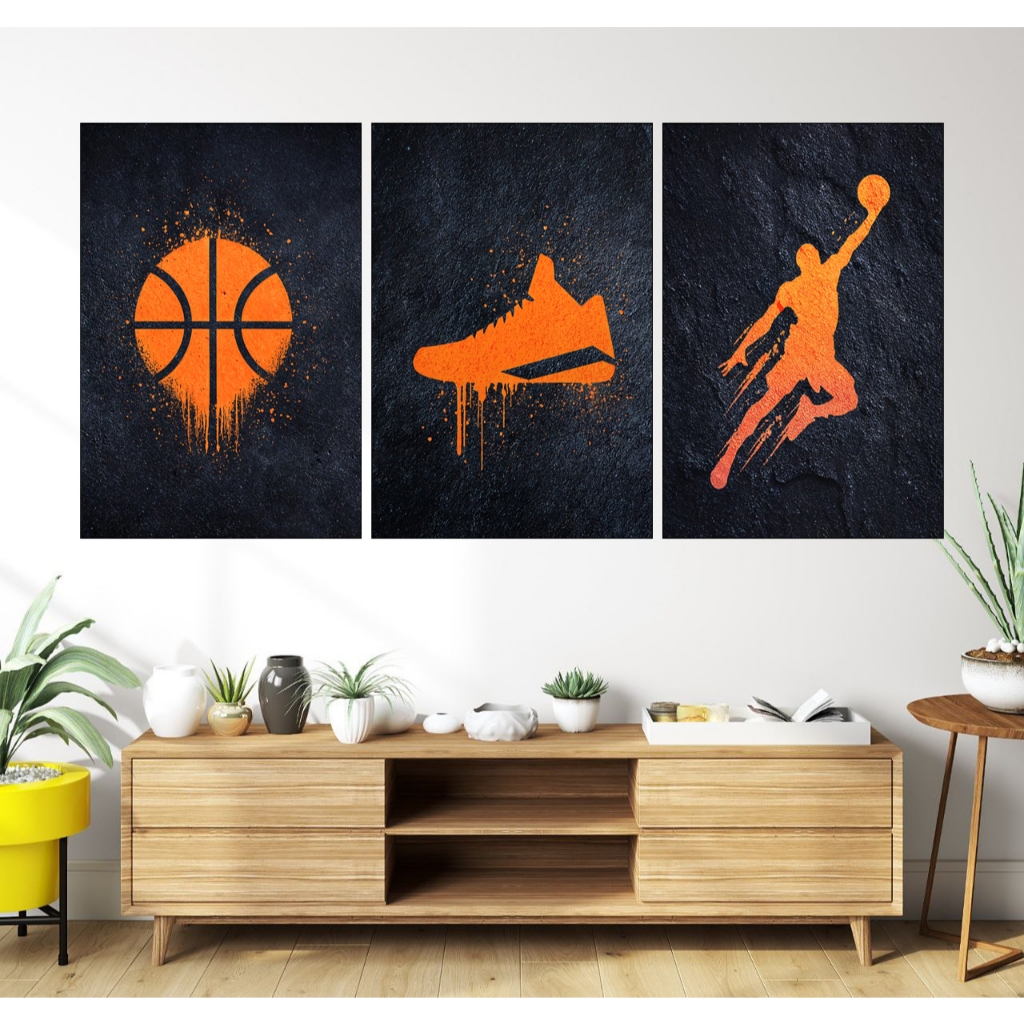 Quadro Decorativo para Sala kit 3 peças Esporte Cesta Bola Basquete Moderno salão de jogos