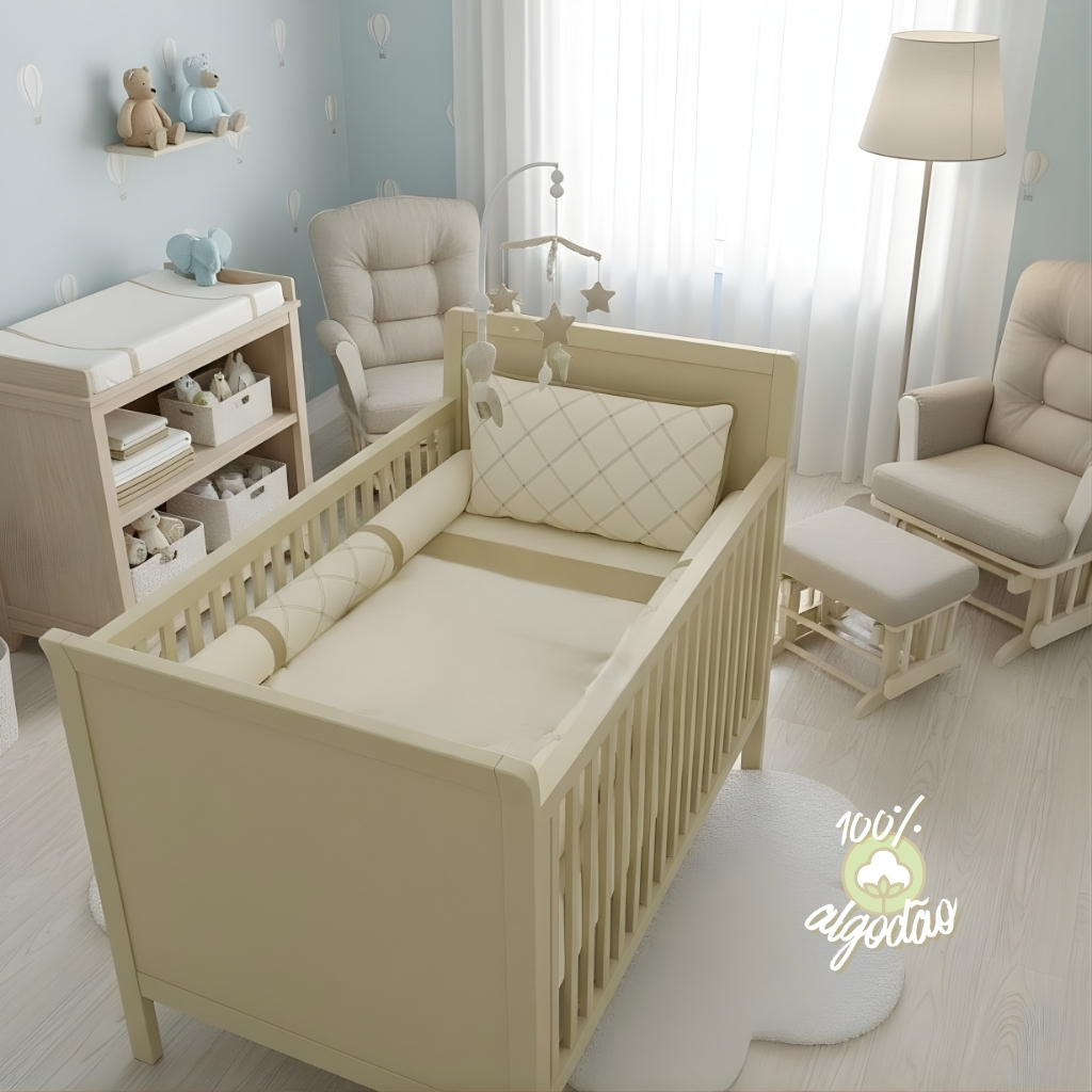 Kit Berço Americano Ou Mini Berço Veneza Bordado Algodão Com lençol de Elástico Mosquiteiro