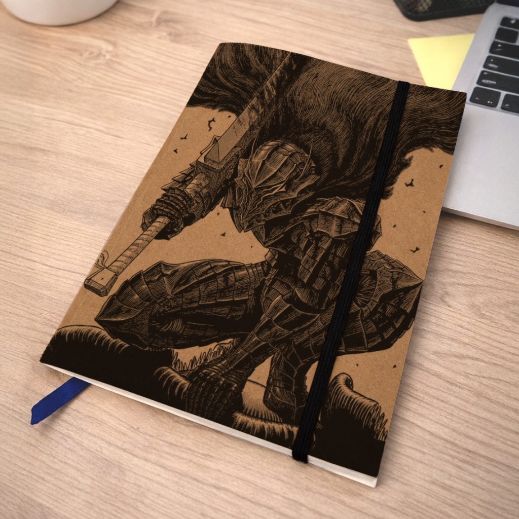 Caderno Sketchbook Berserk Guts A5 (21x14cm) Capa Kraft Rústico + cartela de adesivos