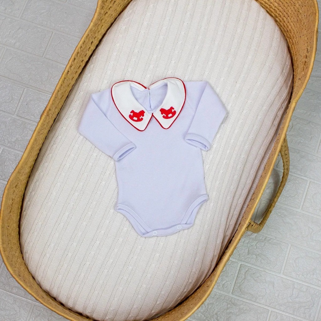 Body Bebê Menino Com Gola Social Bordada Cavalinho Luxo 100% Algodão Roupa Premium Enxoval