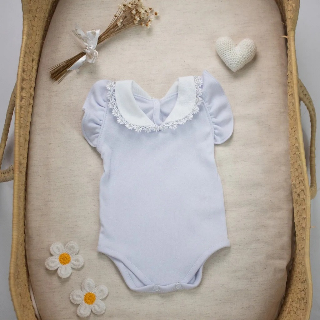 Body Bebê Menina Sem Manga Luxo Com Gola E Pérola 100% Algodão Roupa Infantil Premium Enxoval