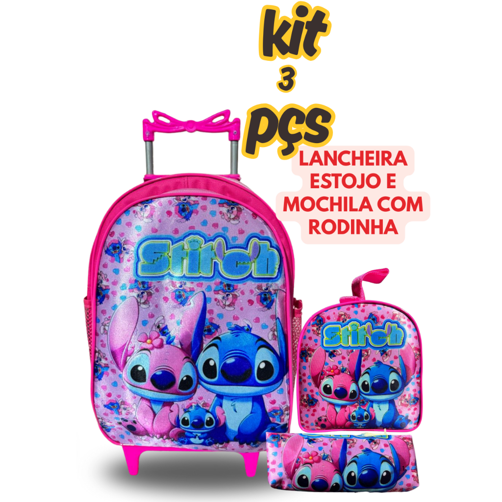 Kit Escolar 3 Peças Stitch  – Mochila com Rodinhas + Lancheira + Estojo | Infantil