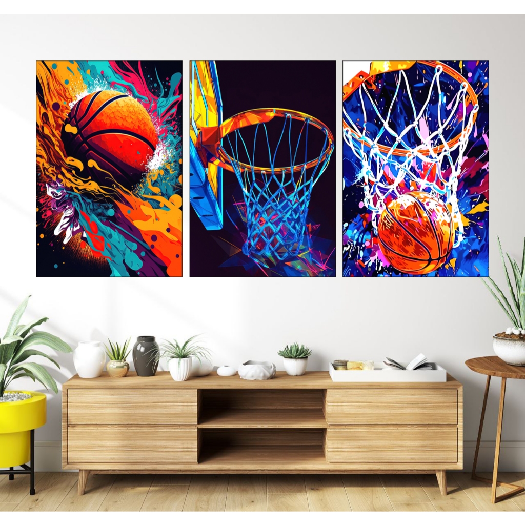 Quadro Decorativo para Sala kit 3 peças Esporte Cesta Bola Basquete Moderno salão de jogos
