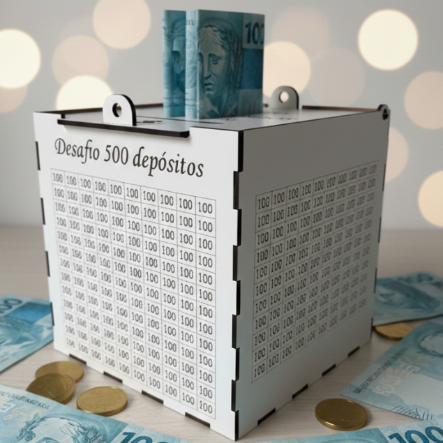 Cofre Desafio 500 Depósitos MDF Organizar Branco Meta R$50.000 Economizar Dinheiro Finanças Enfeite