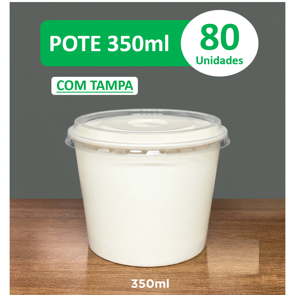 Pote de Papel Biodegradável 350ml com Tampa - Kit 80 unidades