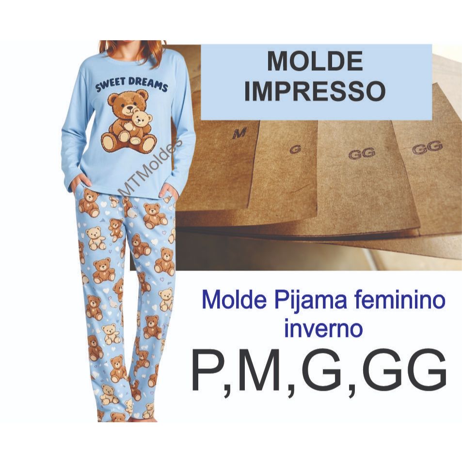Moldes Modelagem Pijama Feminino  inverno Calça + Blusa  80g P ao GG em Oferta na Shopee