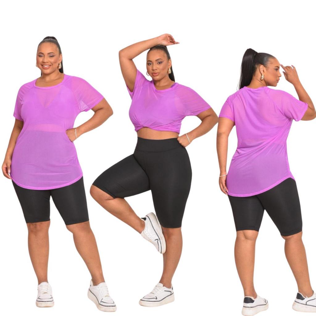 Kit 3 Long Line Alongada Tule Transparente Feminino Academia Fitnes