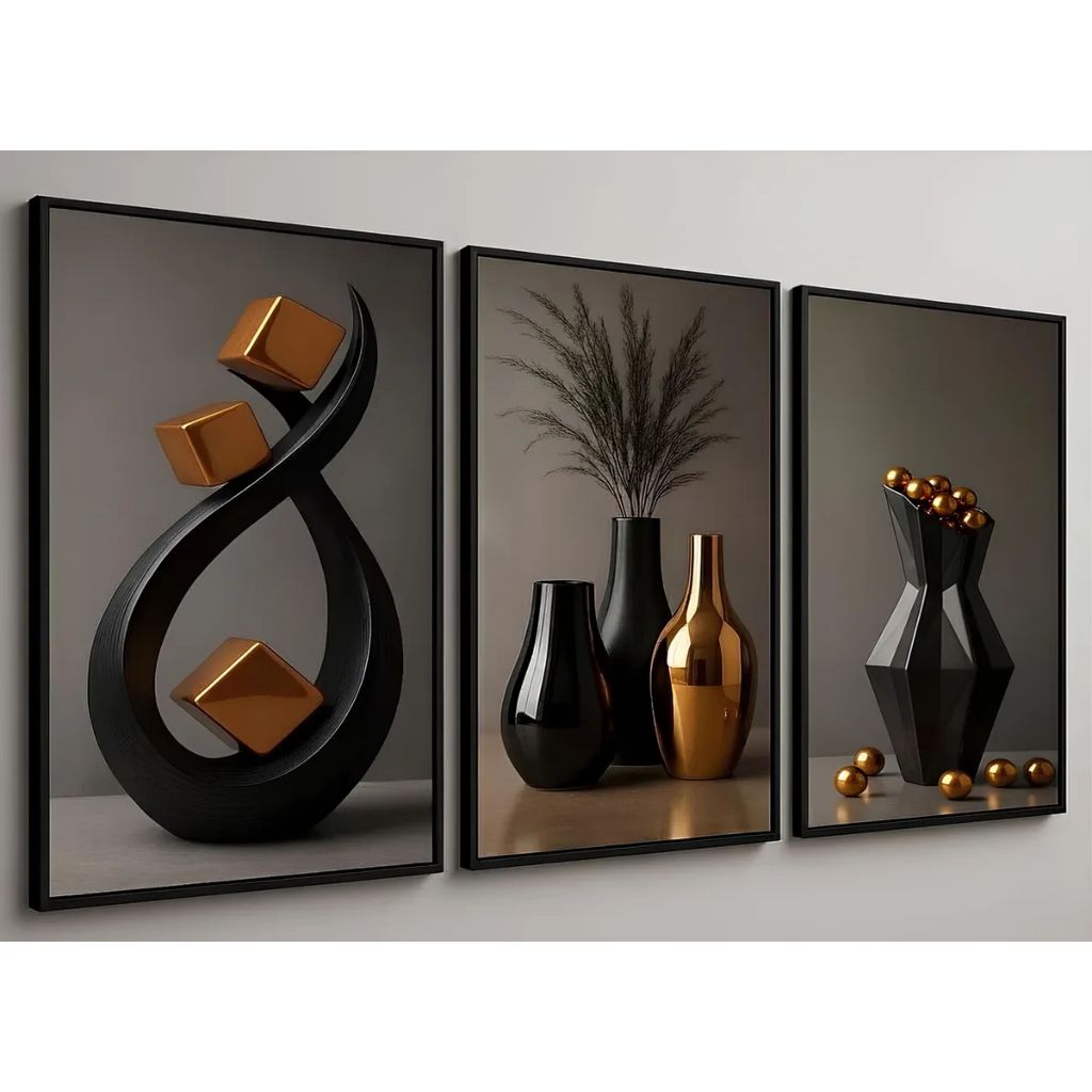 Quadro Decorativo 3 Peças Abstrato Geométrico Moderno Preto HALL FORMAS GEOMTRICAS NORDICO PRETO E DOURADO
