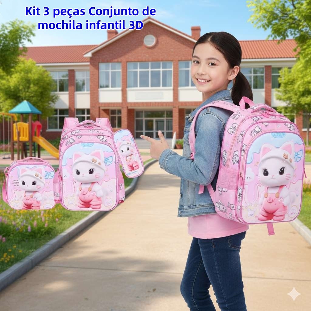 Kit 3 Peças  Mochila Escolar Infantil em PU 3D com Lancheira e Estojo para Menina e Menino em Oferta na Shopee