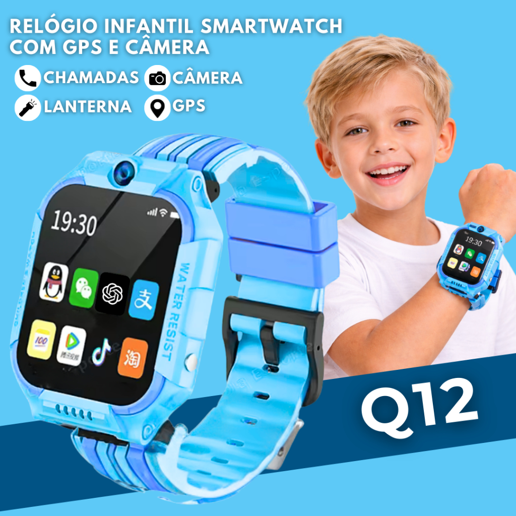 Q12 Relógio Inteligente Infantil 5G – Smartwatch, Prova d’Água, GPS, SOS, Chat de Voz e Chip