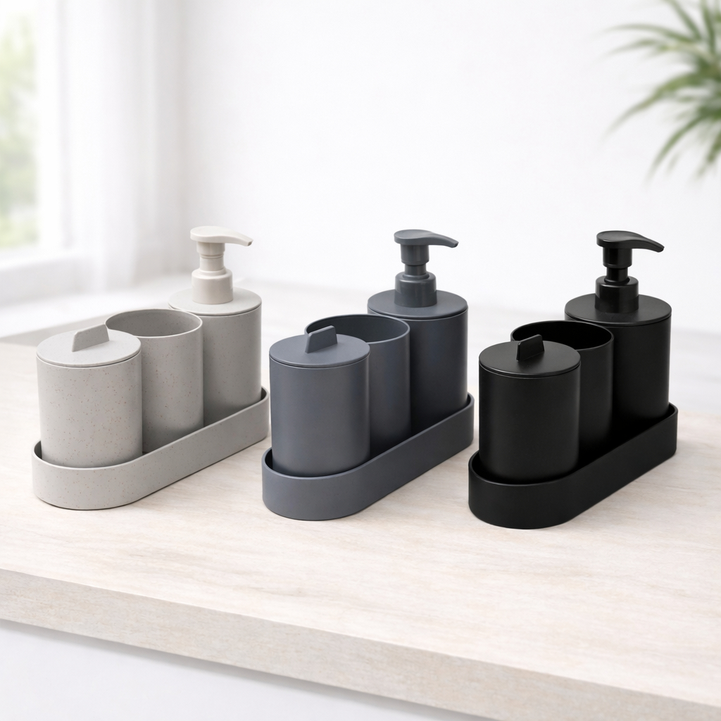 Conjunto Kit Banheiro Lavabo com Bandeja Porta Sabonete Liquido Escova Algodão Cotonete 4 Peças