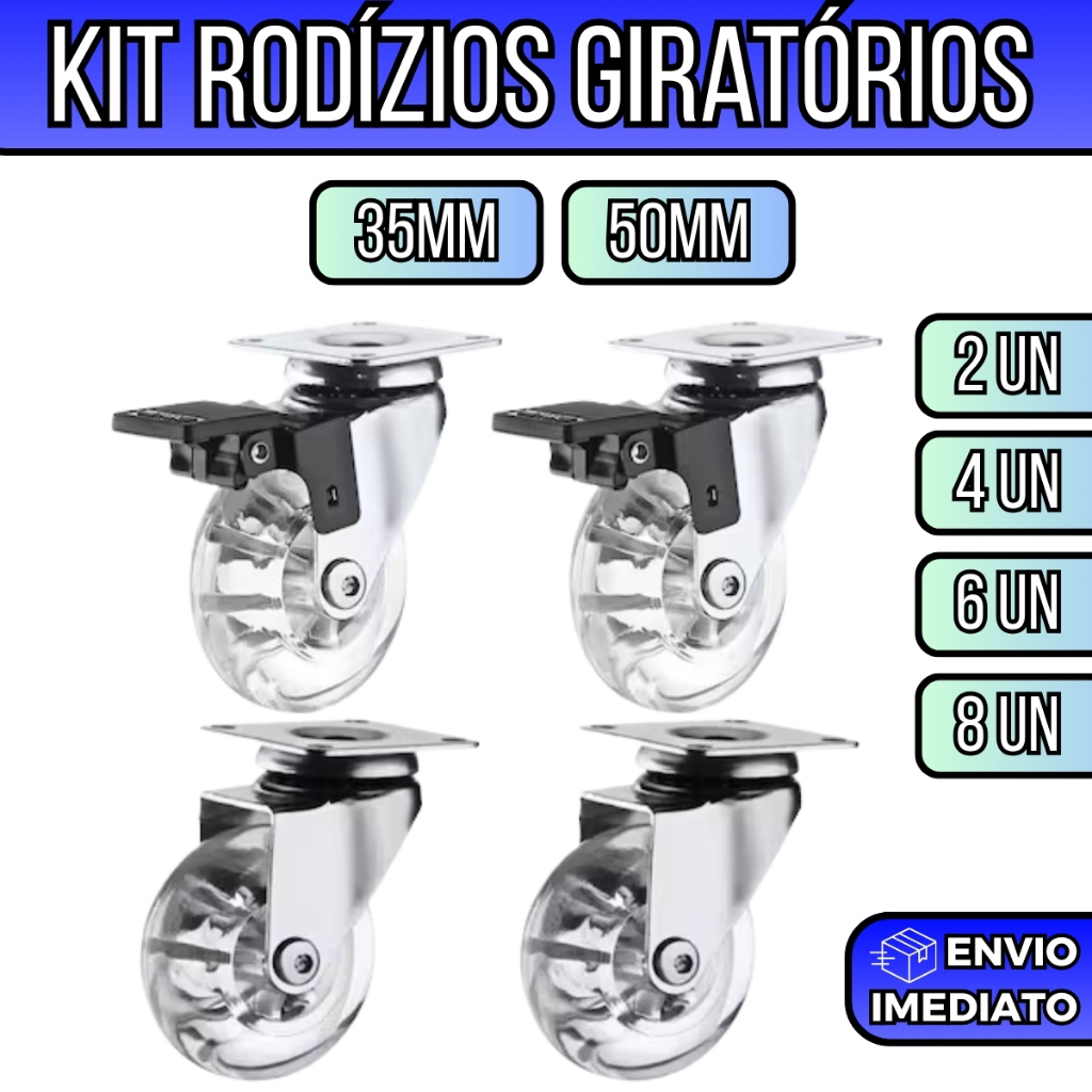 Kit Rodízios Giratórios Rodinhas De Silicone Gel 35mm 50mm Para Móveis Inclui Com Freio E Sem Freio