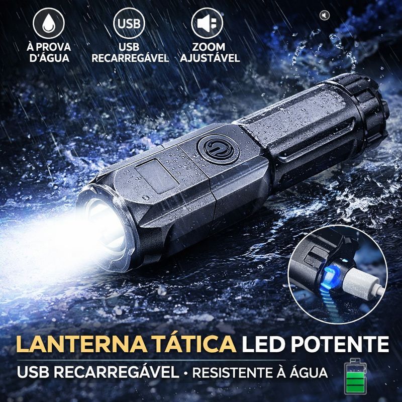 Lanterna Tática LED Potente USB Recarregável com Zoom Ajustável e Resistência à Água 1371