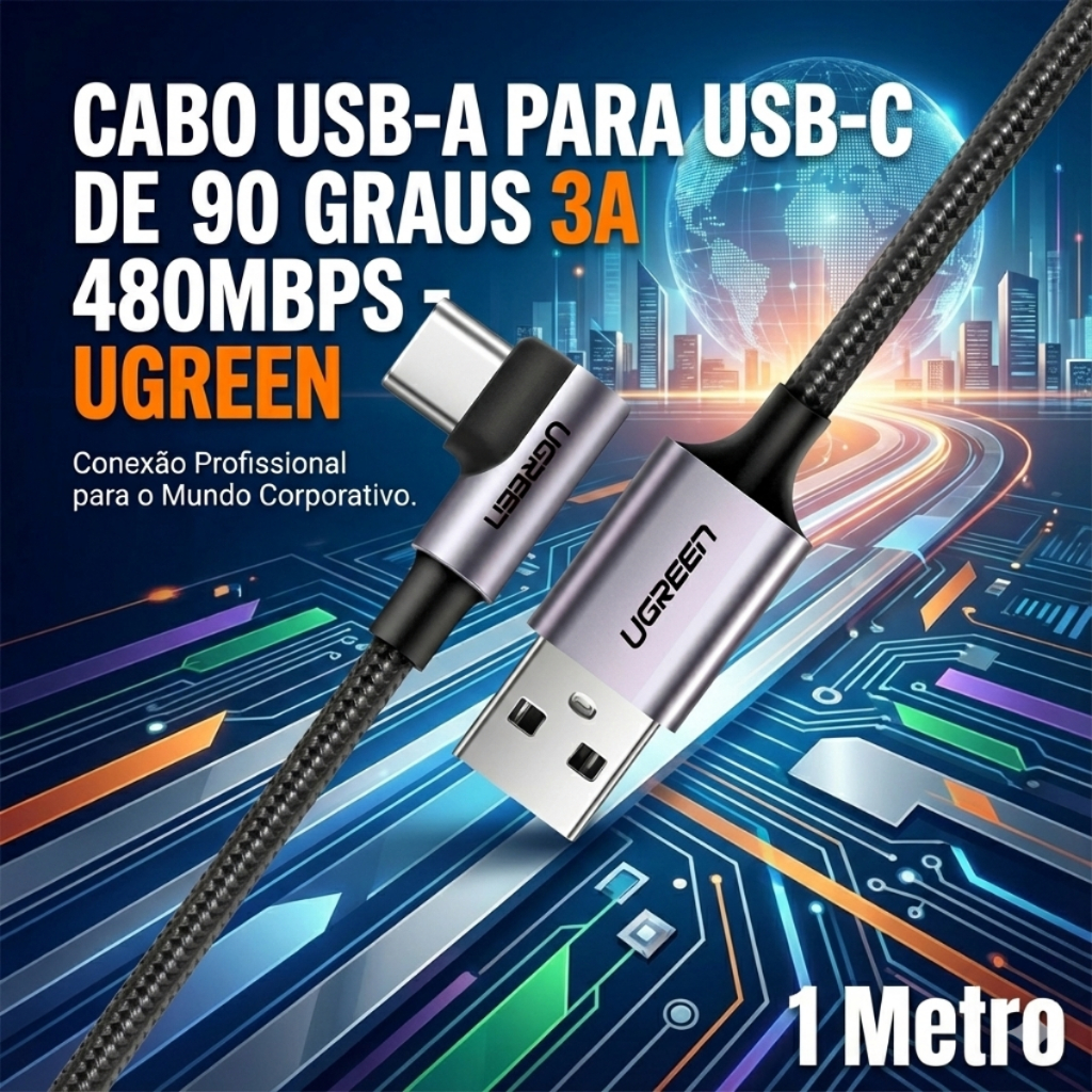 Cabo Usb-a Para Usb-c De 90 Graus 3a 480mbps - Ugreen Us284 - Super Resistente - 1 metro