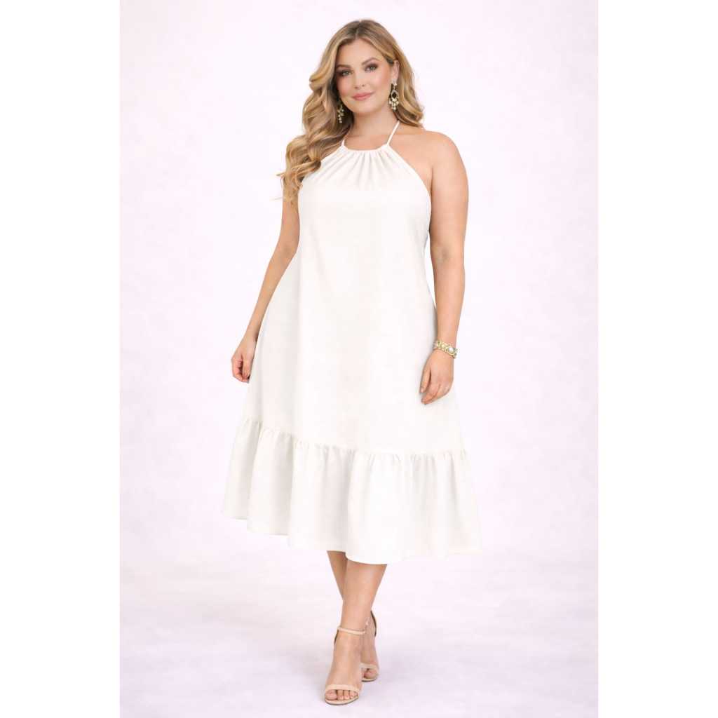 Vestido Midi Frente Única Plus Size Soltinho com Babado – Elegante e Confortável
